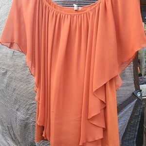 Womens Chic Orange Ruffle Sleeve Blouse